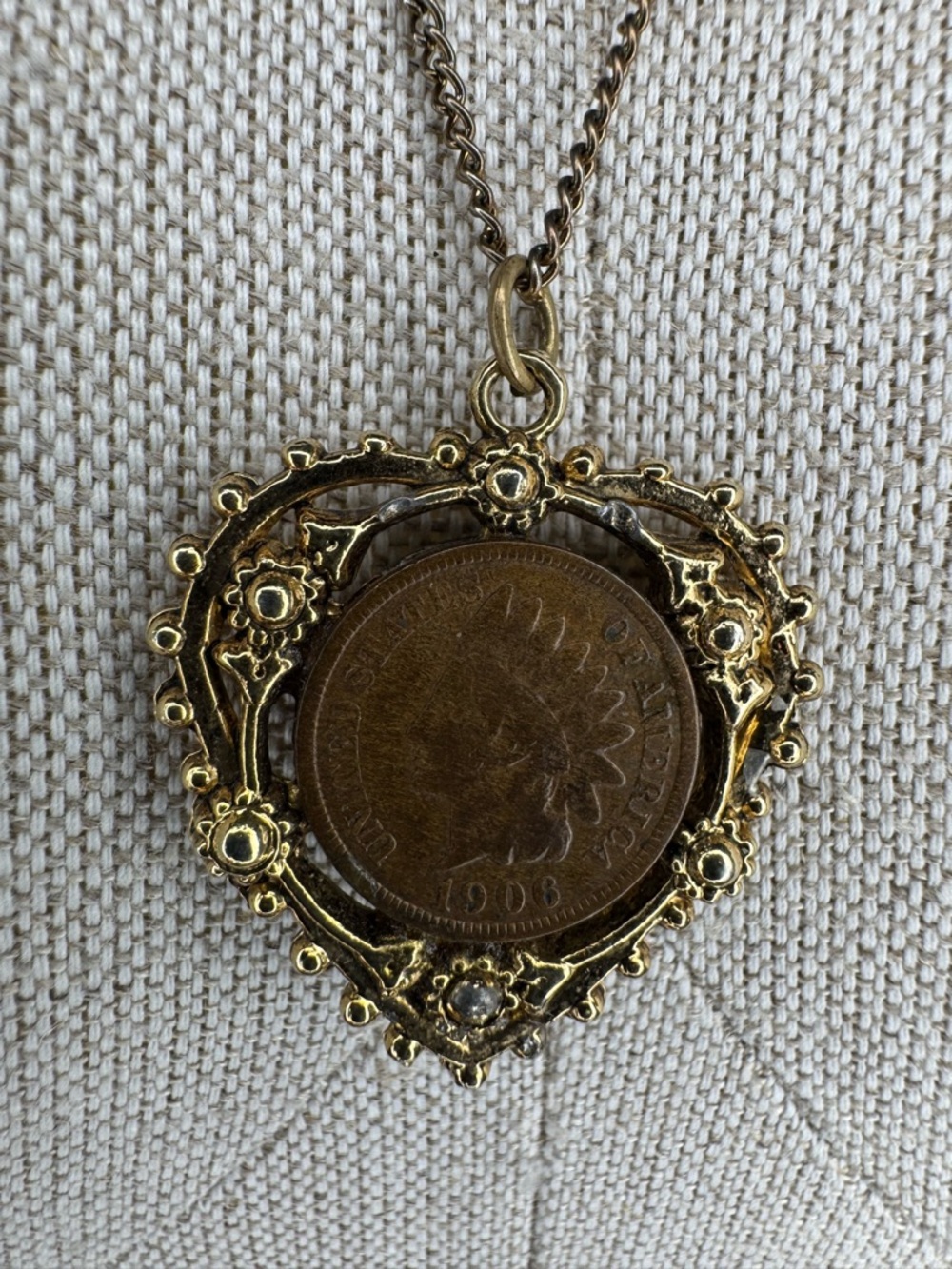 Vintage-Gold Heart Indian Head Penny 1906 and 1900 Necklace